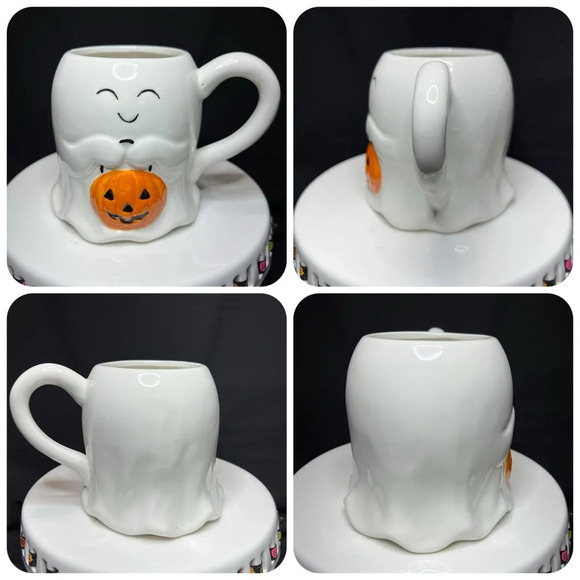 Halloween Happy Ghost w/ Pumpkin Pal Ceramic XL Cookie Jar - 2 Mugs & Spoon Rest - Picture 12 of 16
